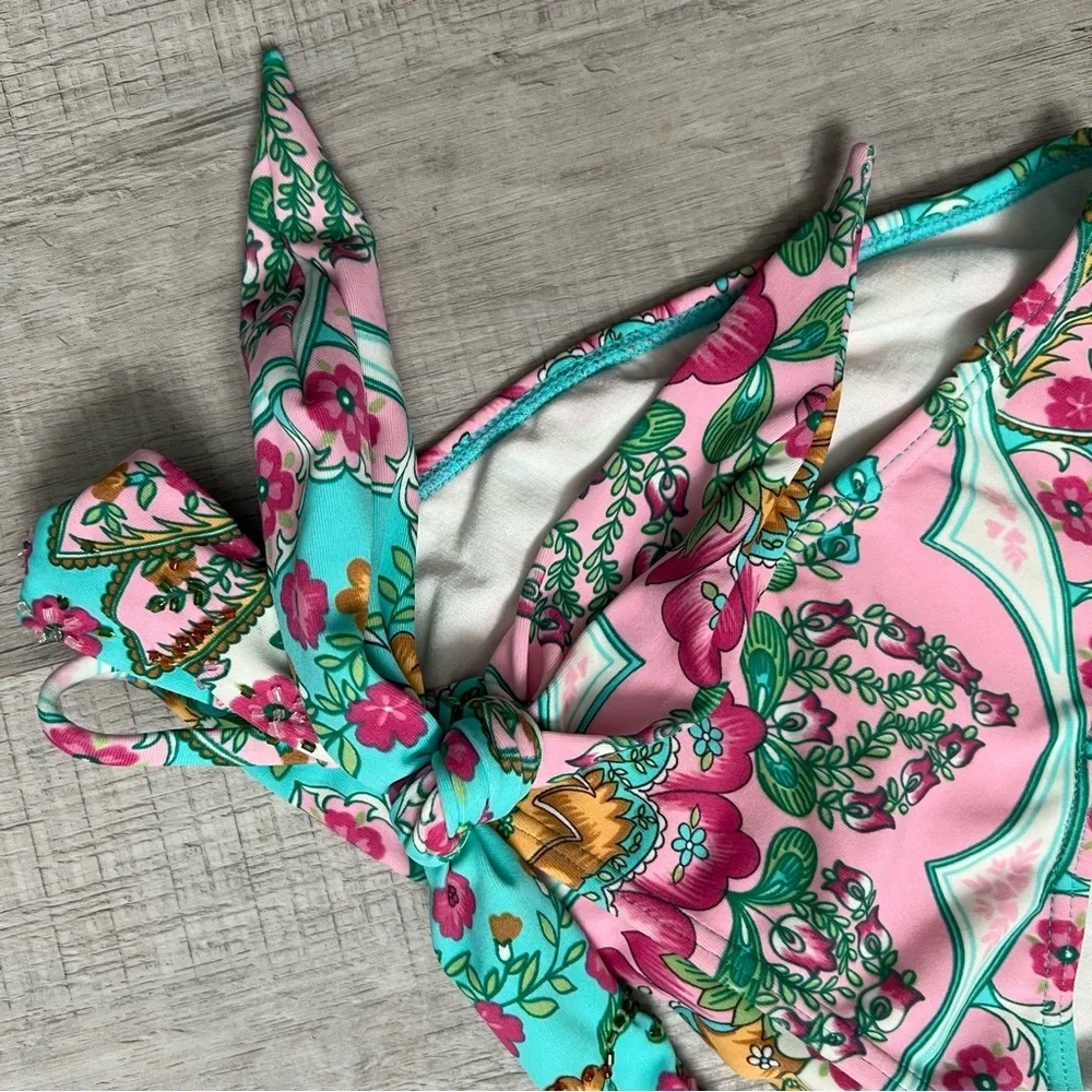 CIA.MARÍTIMA BRASIL Beaded Side Tie Floral Pink Turquoise Bikini Bottom Medium